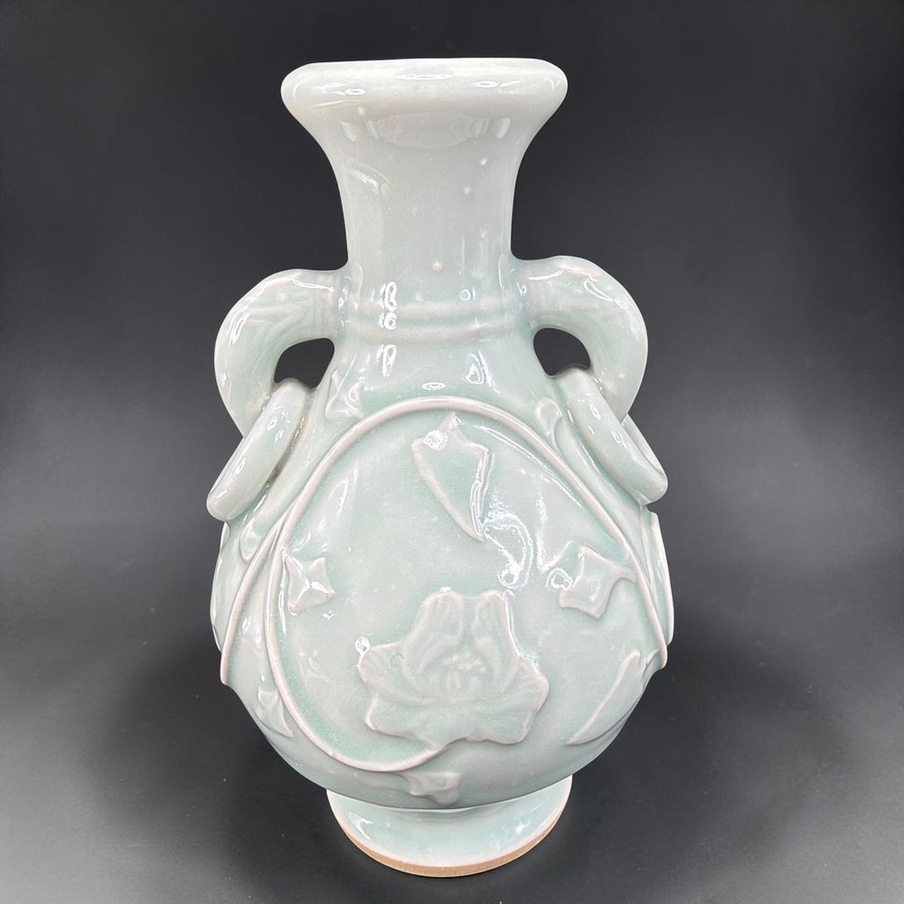 Vintage Celadon Green Ceramic Vase Double Handle Ring Detail Floral Relief 7in